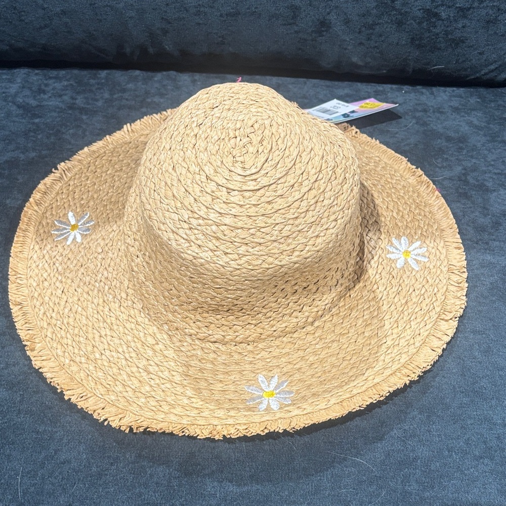 Kids Straw Sun Hat with Daisy Embroidery